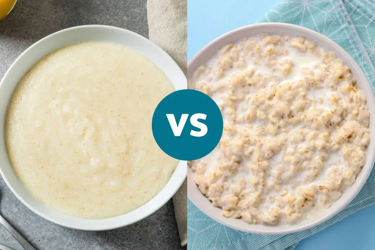Zwei Sch&uuml;sseln Brei: links cremiger Dinkelbrei, rechts rustikale Haferflocken mit Milch.