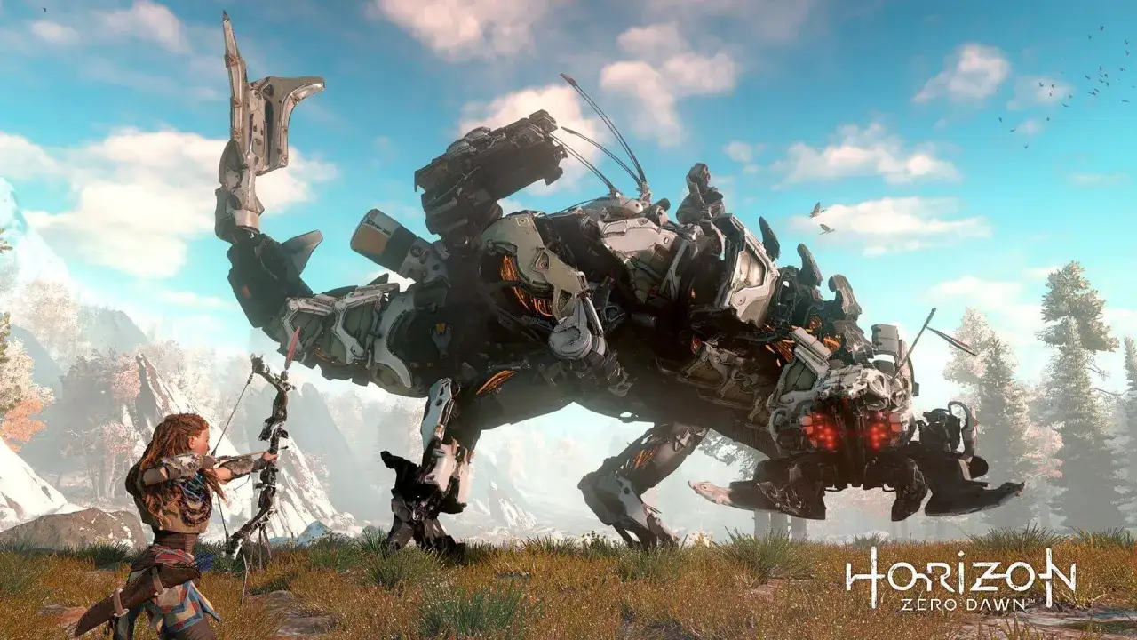 Aloy, arquera de Horizon, se enfrenta a una m&aacute;quina colosal en un paisaje nevado.
