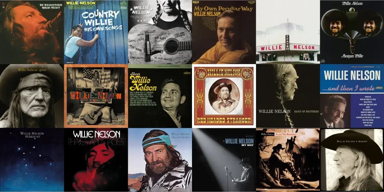Collage aus Albumcovern von Willie Nelson. Viele Titel wie