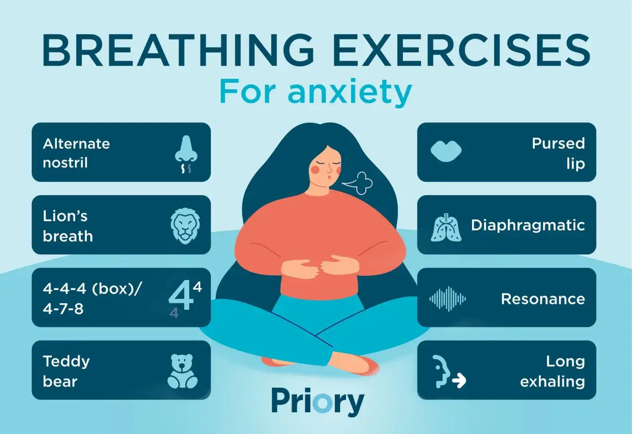 A woman meditates, surrounded by breathing exercises for anxiety. Learn techniques like alternate nostril breathing and long exhaling.