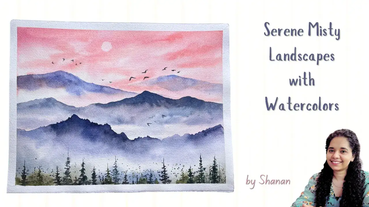 Aquarelle montagne facile : un paysage brumeux avec des silhouettes d'arbres et des oiseaux dans un ciel rose.