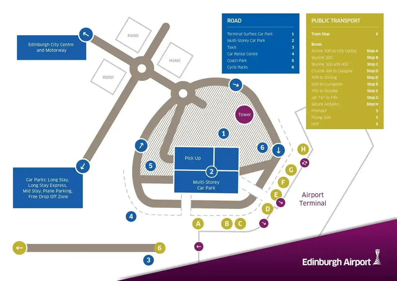 Mapa lotnisko Edynburg: drogi, parkingi, transport publiczny (autobusy, tramwaje), hotele i centrum miasta.