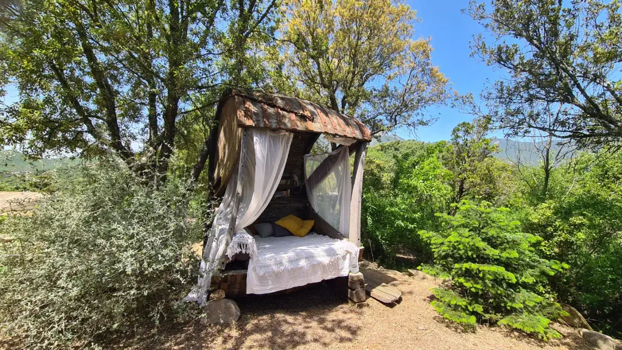 Un lit de camping nature corse, abrité sous une structure rustique, invite à la détente au cœur de la végétation luxuriante.