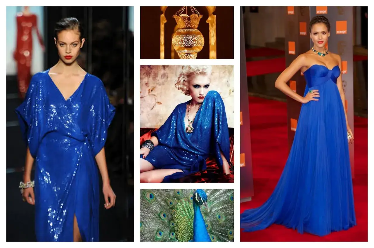 Inspiration mode : quelle couleur associer au bleu roi ? Des robes de soirée éclatantes, un paon majestueux et une lanterne dorée.