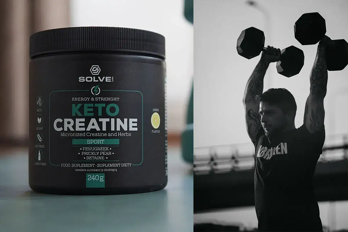 Suplement Keto Creatine i mężczyzna ćwiczący z hantlami. Czy kreatyna a cukrzyca to dobry wybór?