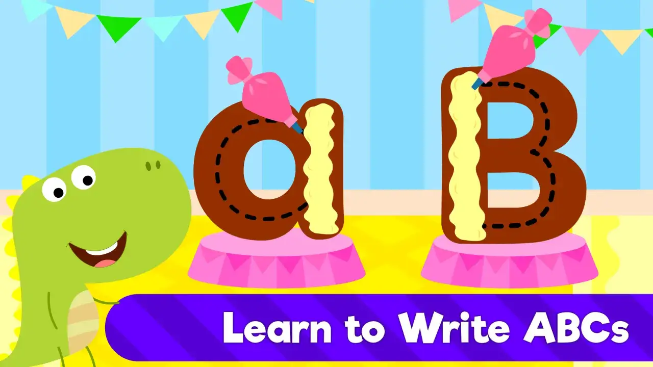 Un dinosaurio sonriente decora letras 'a' y 'B' con glaseado, invitando a divertidos juegos del abecedario en ingl&eacute;s.