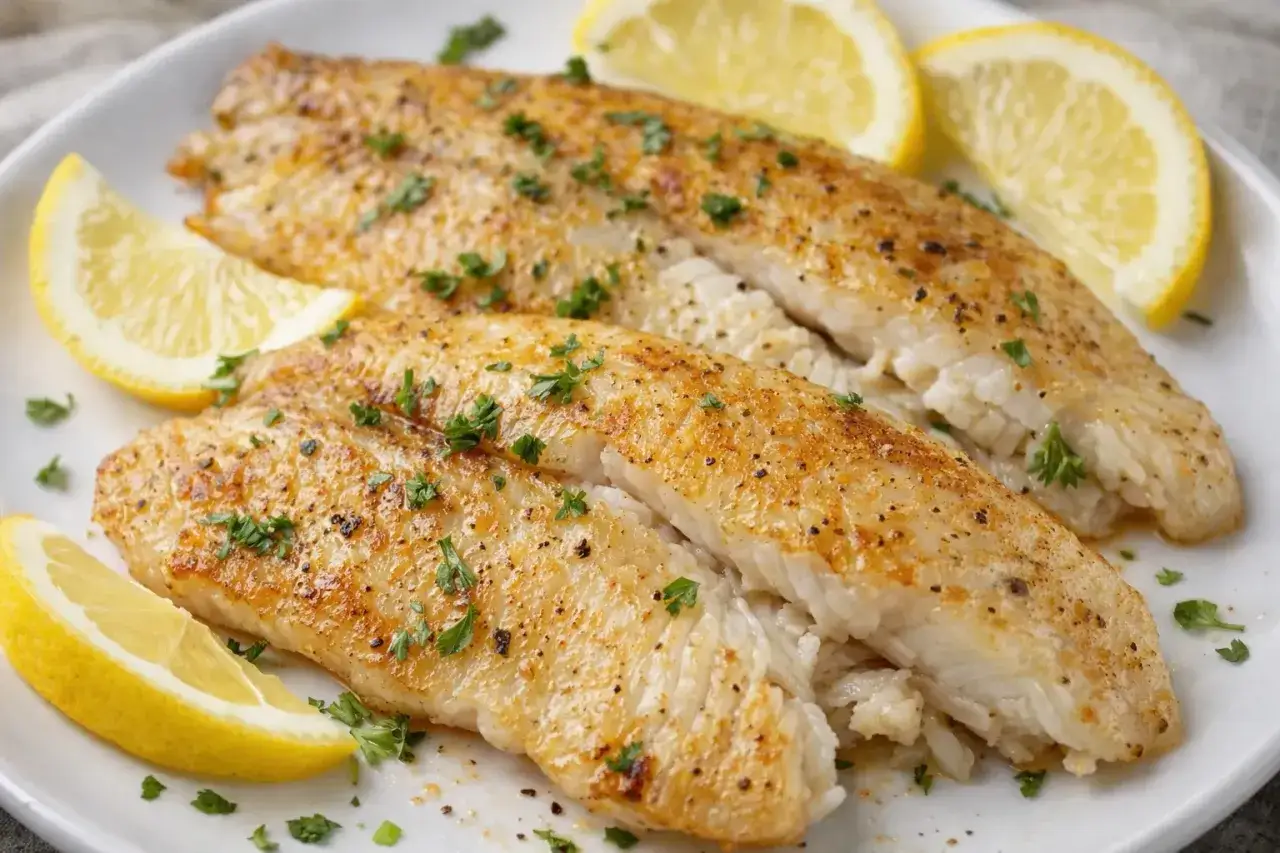 Dwa soczyste filety z tilapia co to za ryba, podane z ryżem i plasterkami cytryny, posypane natką pietruszki.