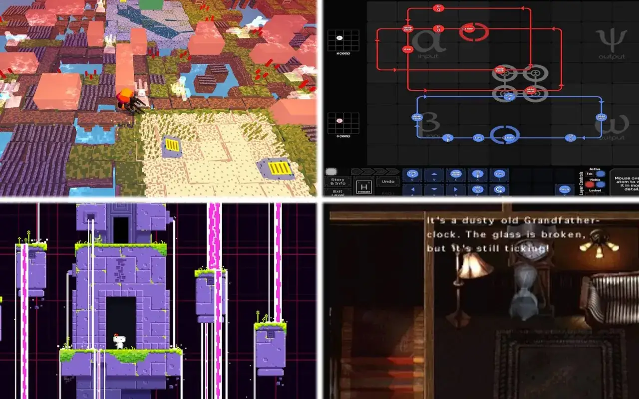 Kompilacja czterech gier: kolorowa, voxelowa przygoda, schemat obwodów, platformówka 2D i horror z tekstem.