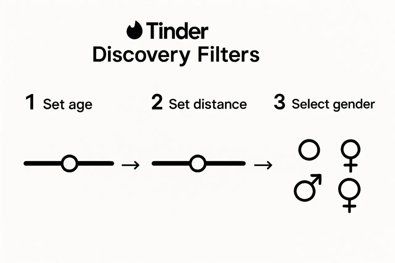 Jak znaleźć kogoś na Tinderze? Ustaw wiek, dystans i wybierz płeć. Proste filtry odkrywania.