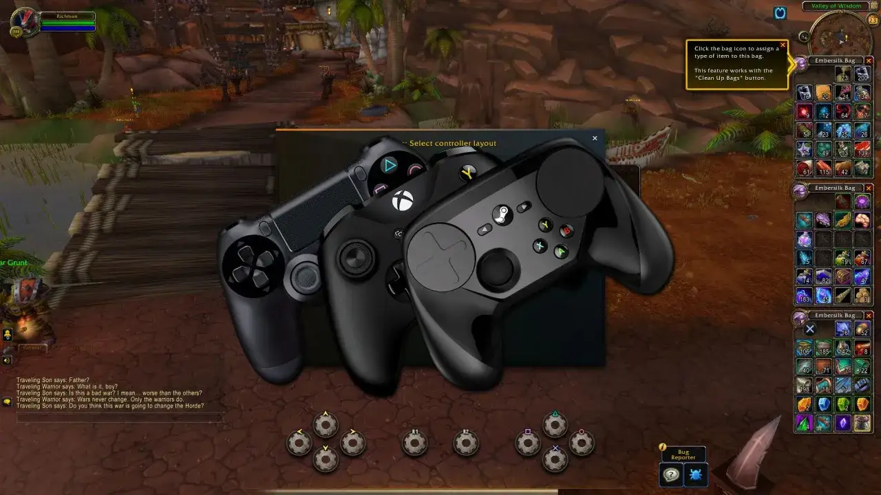 Trzy kontrolery, w tym Xbox, obok interfejsu World of Warcraft.