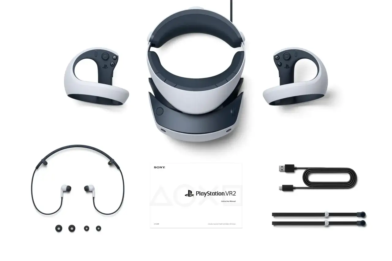 Zestaw PlayStation VR2: gogle, kontrolery, słuchawki i instrukcja. Gotowy na nowe ps5 vr games!