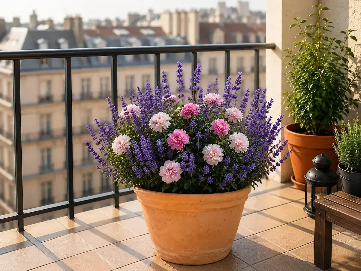 Ein &uuml;ppiger lavendel balkonkasten mit zarten rosa Bl&uuml;ten auf einem sonnigen Balkon mit Pariser Flair.