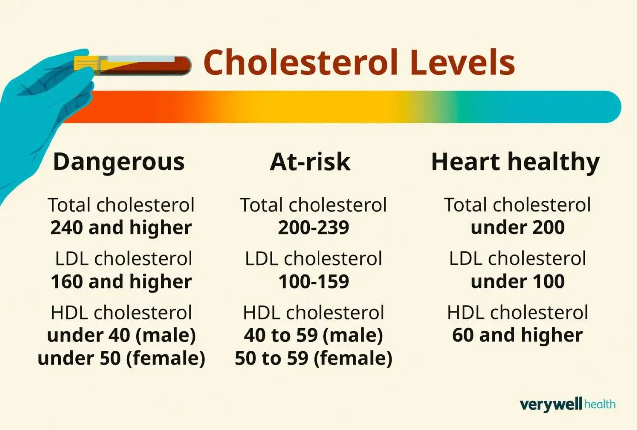 Poziomy cholesterolu: niebezpieczny, podwyższony cholesterol, w normie. Wykres pokazuje wartości dla cholesterolu całkowitego, LDL i HDL.