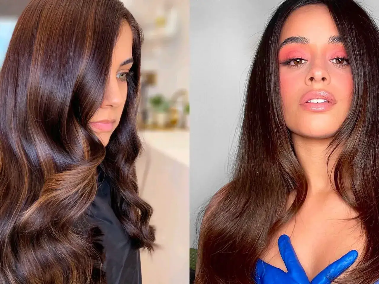 Mujer con cabello color chocolate, con reflejos dorados, peinado en ondas.