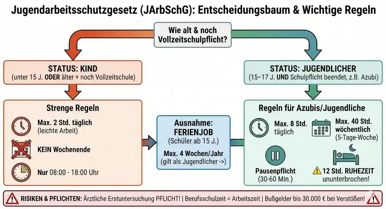 Entscheidungsbaum zum Jugendarbeitsschutzgesetz: Kinder (max. 2 Std. täglich, kein Wochenende) vs. Jugendliche (max. 8 Std. täglich, 40 Std. wöchentlich). Beachtet das Jugendschutzgesetz Arbeitszeiten.