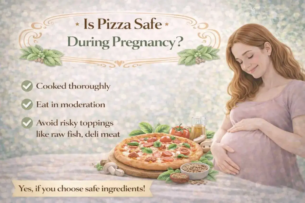 Une femme enceinte savoure une pizza, avec des conseils pour une pizza enceinte s&ucirc;re : bien cuite, mod&eacute;r&eacute;e, sans garnitures risqu&eacute;es.
