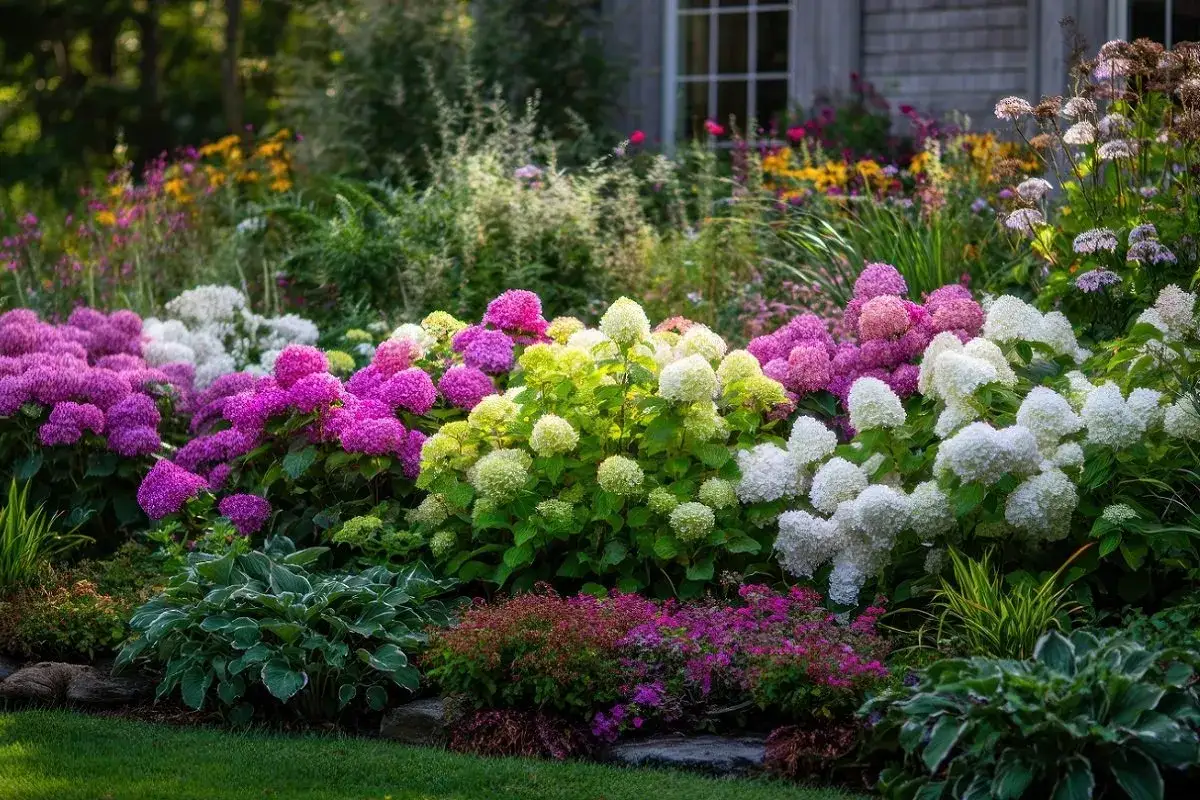 Un giardino rigoglioso mostra diversi tipi di ortensia in piena fioritura: rosa intenso, bianco candido e verde lime.