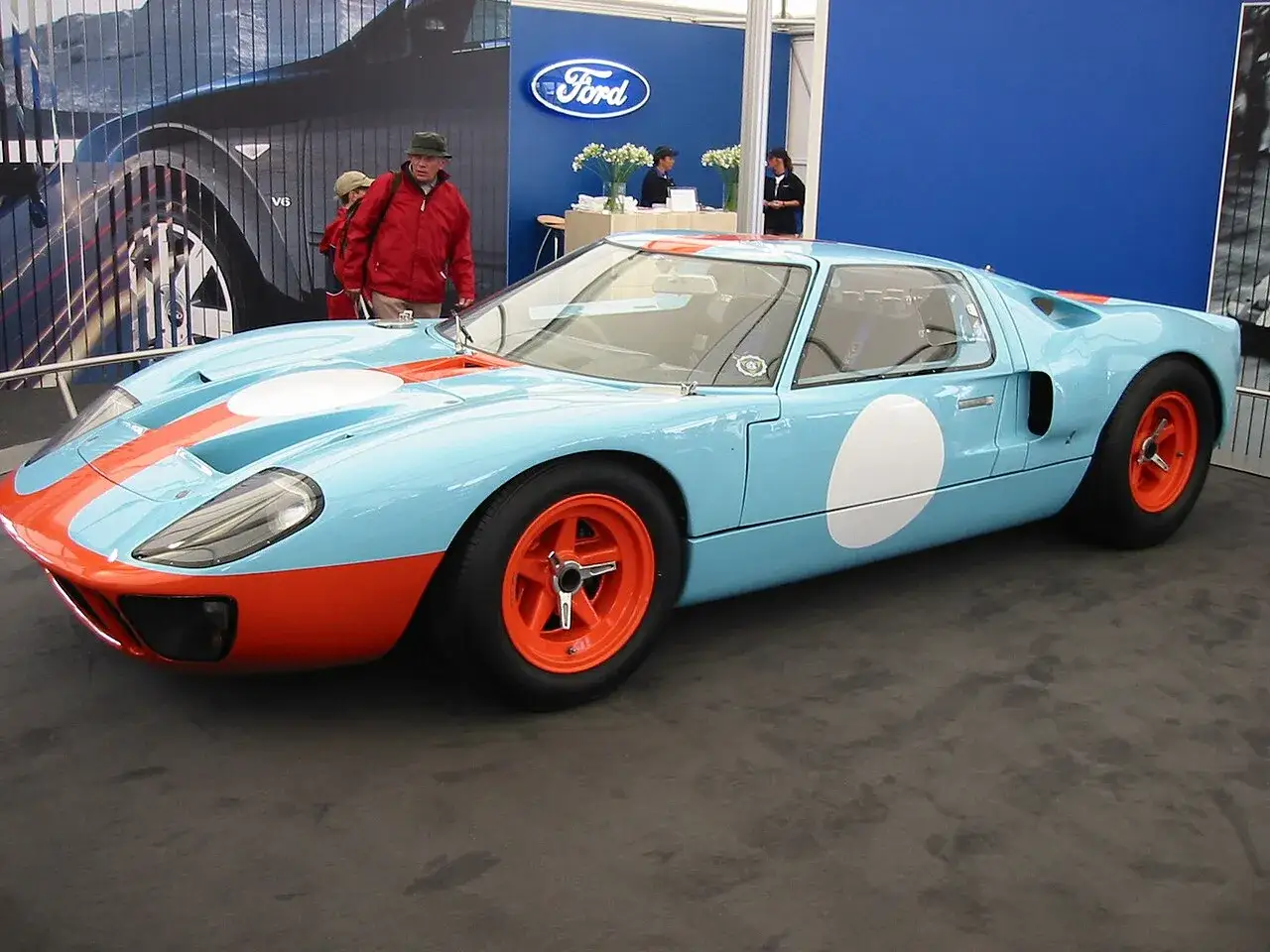 Ein hellblauer Ford GT40 Mk3 mit orangefarbenen Akzenten und wei&szlig;en Kreisen steht auf einer Ausstellung.