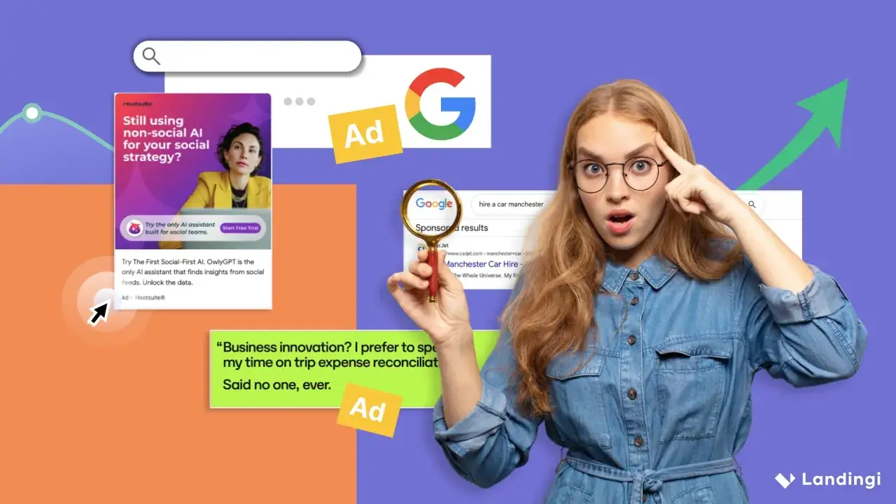 Kobieta zszokowana reklamą firmy, która pokazuje, jak efektywnie wykorzystać reklamy w Google. Przykład reklamy firmy.