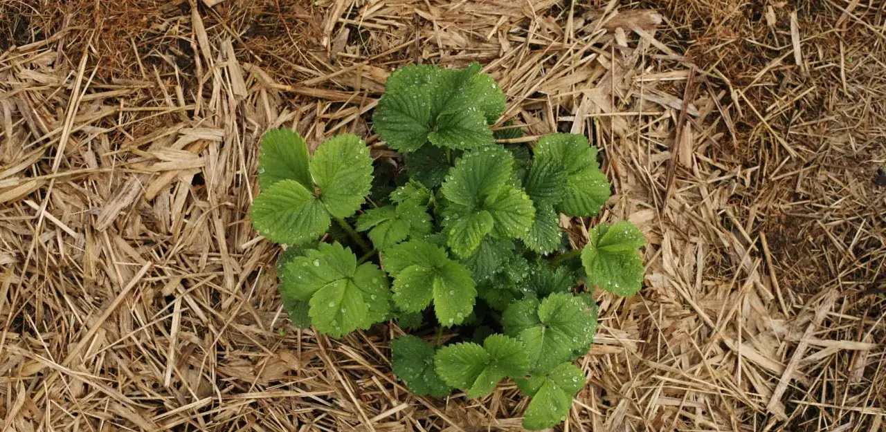 Jeune plant de fraisier aux feuilles vertes et humides, prêt à être planté dans un paillis de paille.