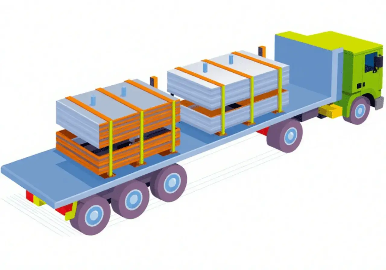 Camion plateau transportant deux piles de matériaux, dont le chargement peut dépasser l'avant du véhicule.