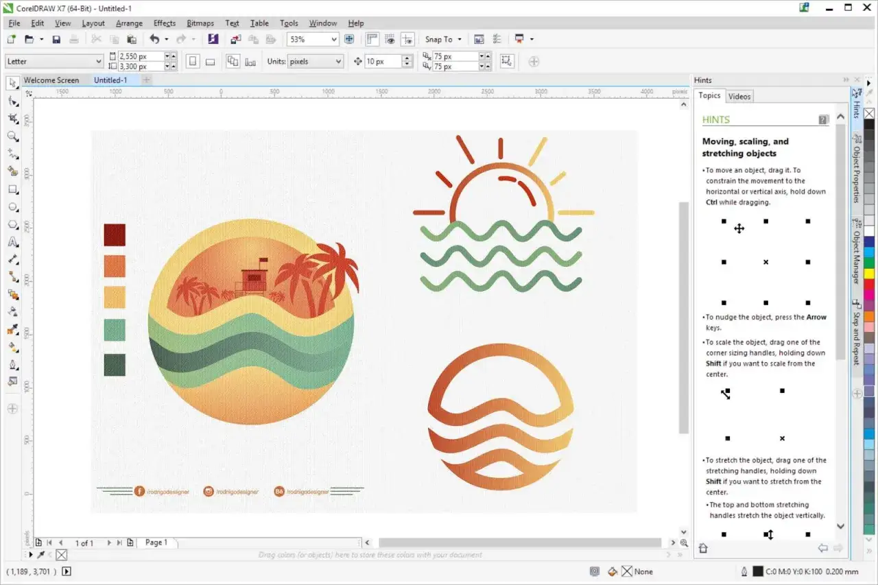 Grafika w programie Adobe Illustrator przedstawia projekt z motywem plażowym: koło z palmami i budką ratownika, słońce nad falami oraz faliste kształty.