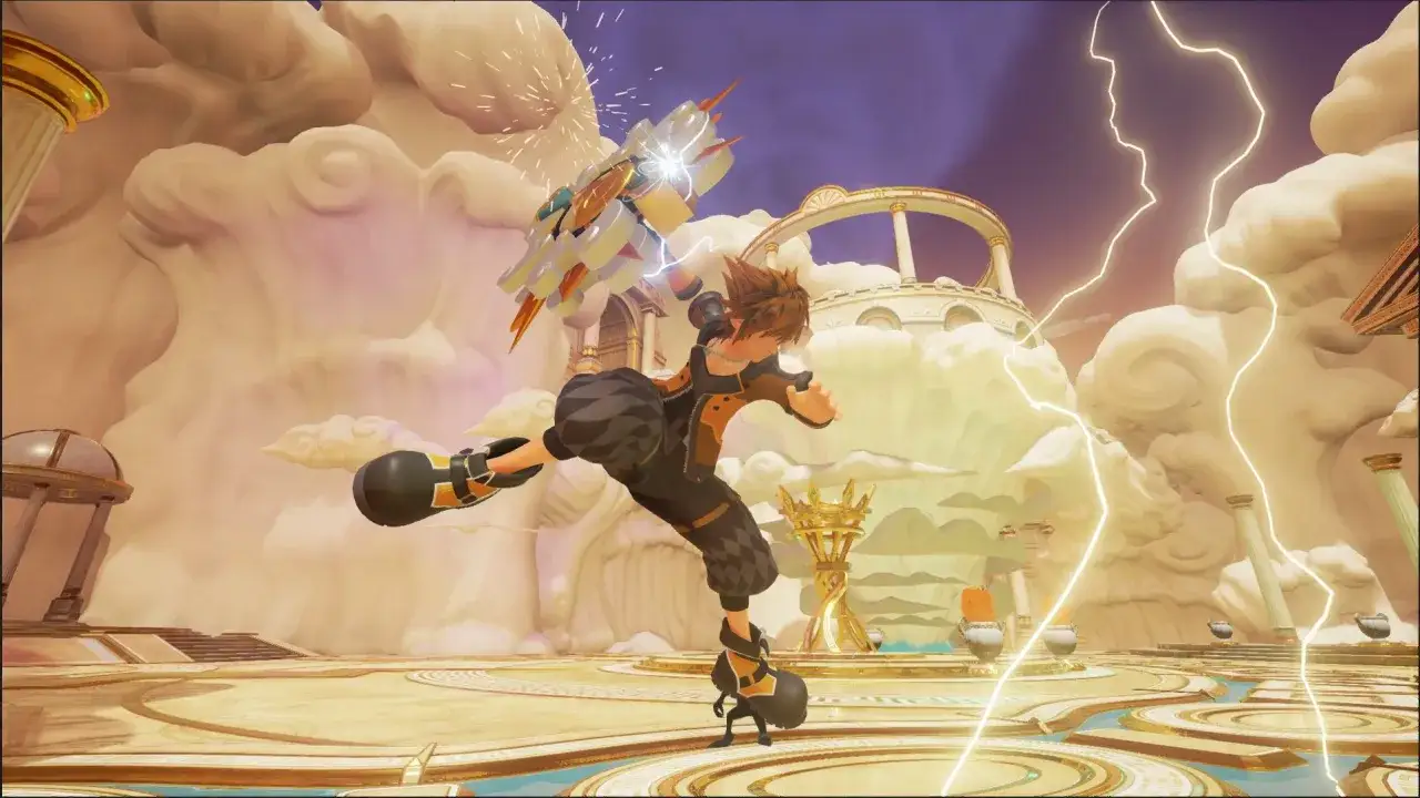 Sora salta en el aire, blandiendo su llave espada en esta escena de **guía Kingdom Hearts 3**. Rayos iluminan el cielo etéreo.