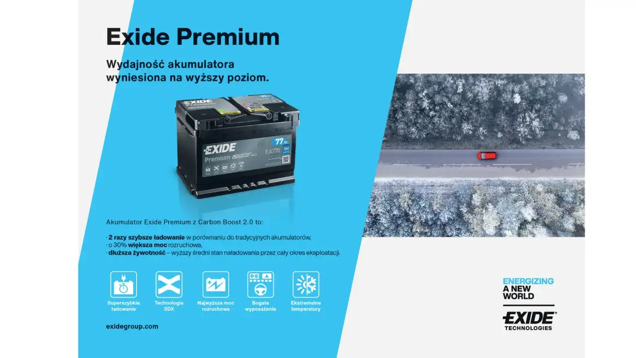 Akumulator samochodowy do diesla Exide Premium – niezawodny w każdych warunkach. Zapewnia moc i wydajność, nawet w ekstremalnych temperaturach.