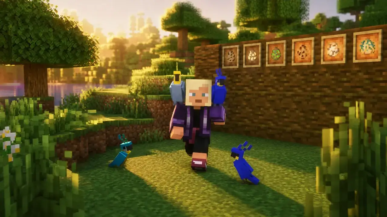Gracz z papugami na ramionach i dwie papugi na ziemi. W tle piękne, słoneczne krajobrazy Minecrafta. Jak oswoić papugę mc?