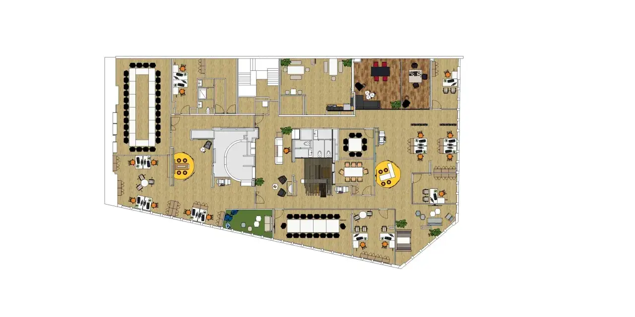 Plan d'un bureau moderne avec espaces de travail, salles de r&eacute;union, zone d'accueil et coin d&eacute;tente. Ce planning d'am&eacute;nagement optimise l'espace.