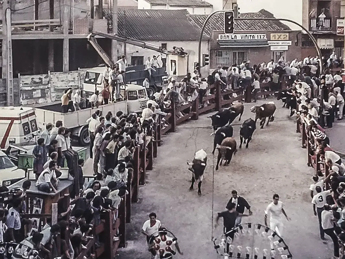 Una multitud observa toros correr por una calle, parte de los encierros m&aacute;s antiguos de Espa&ntilde;a.