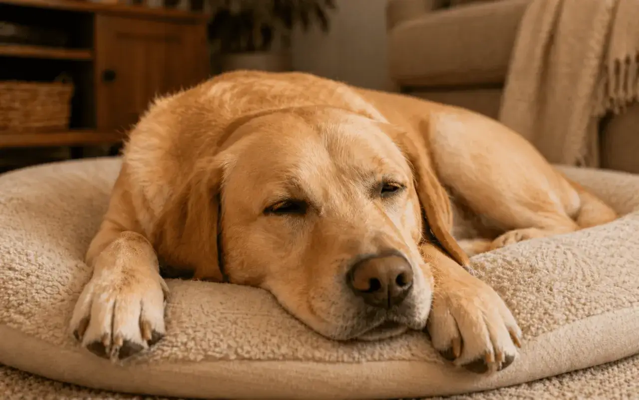 Un perro dorado descansa en su cama, quizás soñando con aventuras. ¿Por qué suspiran los perros? Tal vez por la paz de un buen sueño.
