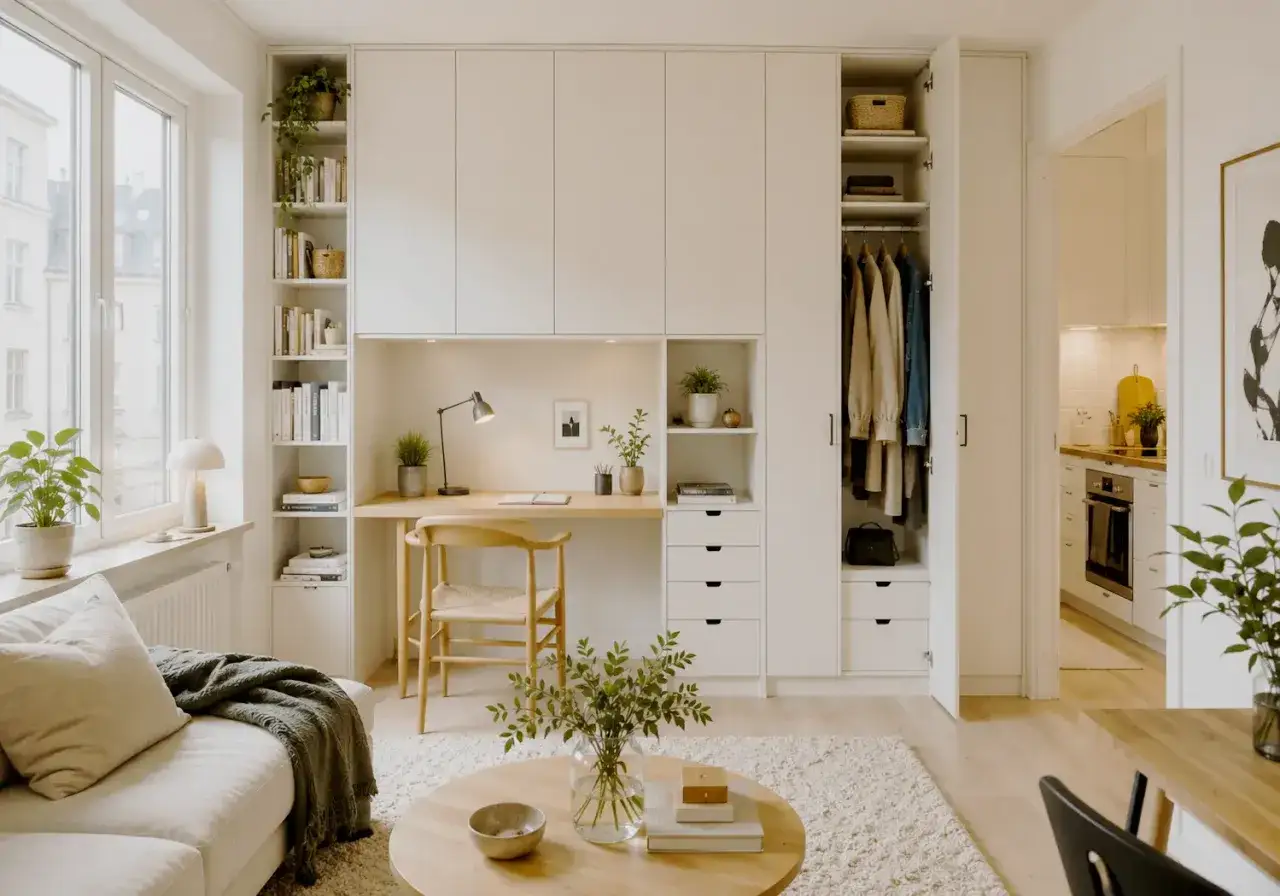 Ett hem i skandinavisk design med en bekväm soffa, ett skrivbord och en garderob.