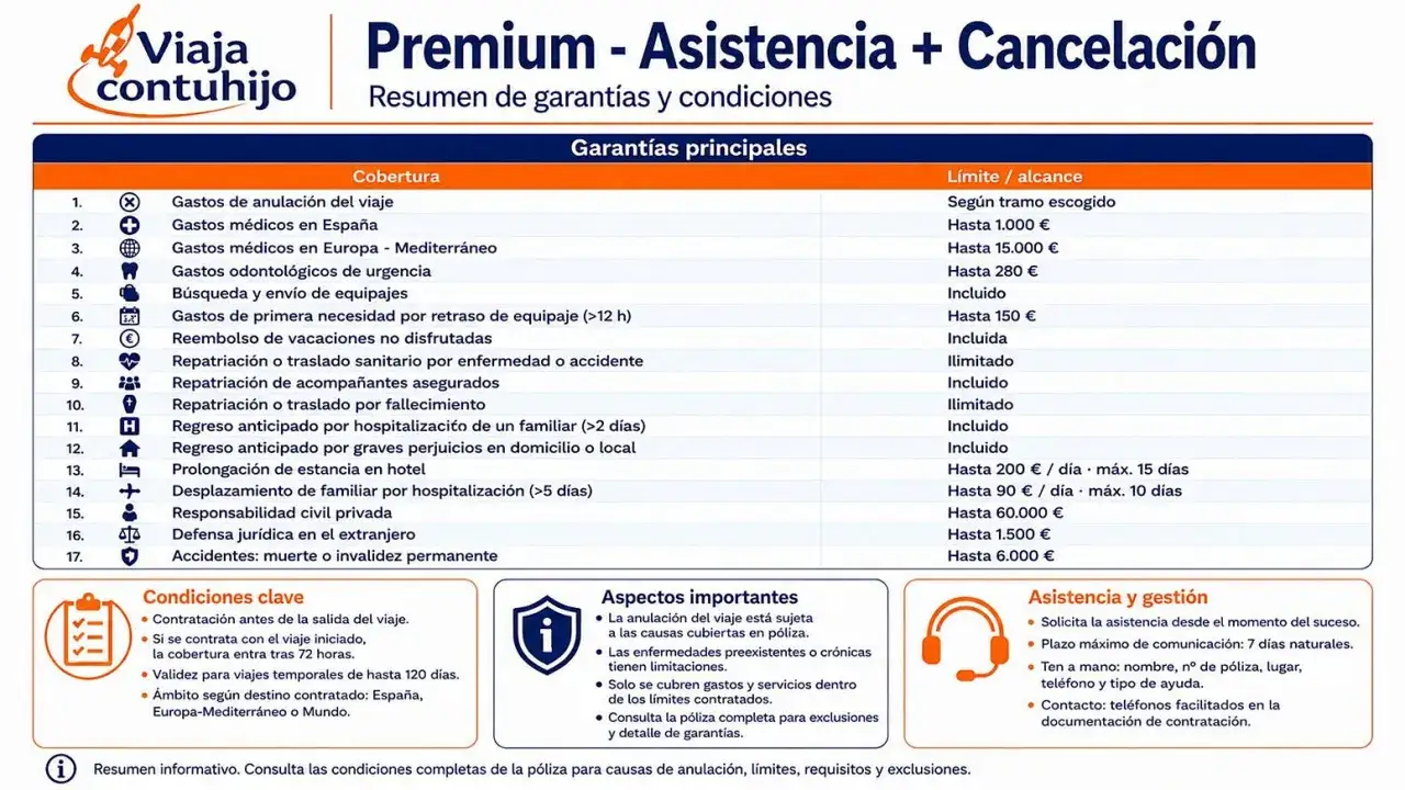 Resumen de seguro cancelación viaje: cubre gastos de anulación, médicos, equipaje y más. Consulta las condiciones para detalles.