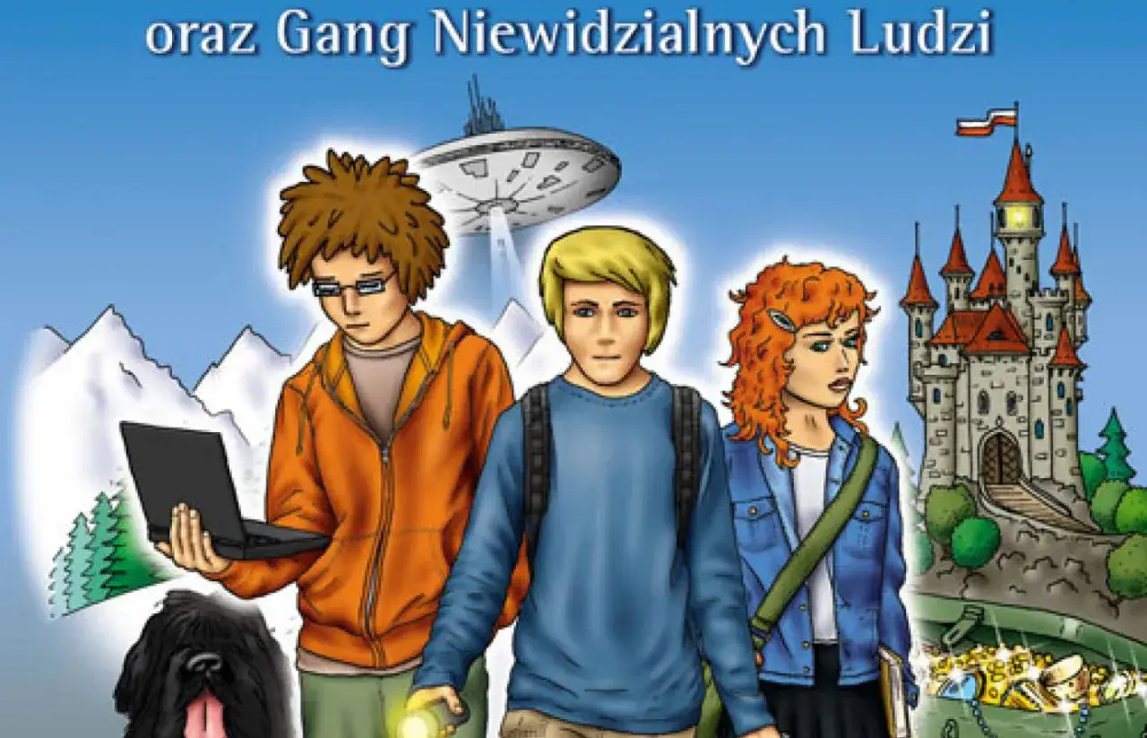 Tr&oacute;jka przyjaci&oacute;ł, Felix, Net i Nika, wraz z Gangiem Niewidzialnych Ludzi, wyrusza na przygodę. W tle latający spodek i zamek.