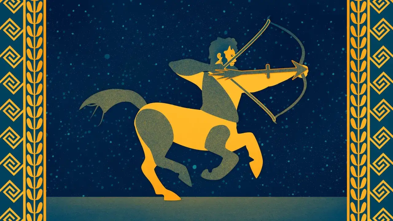 Strzelec znak zodiaku symbol: centaur z łukiem na tle nocnego nieba, ozdobiony greckimi wzorami.