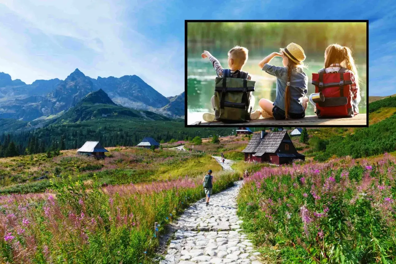 Tatry, Kościelisko: malownicza dolina z kamienistą ścieżką, chatkami i g&oacute;rami. Wstawka pokazuje dzieci z plecakami, kt&oacute;re odkrywają atrakcje dla dzieci.