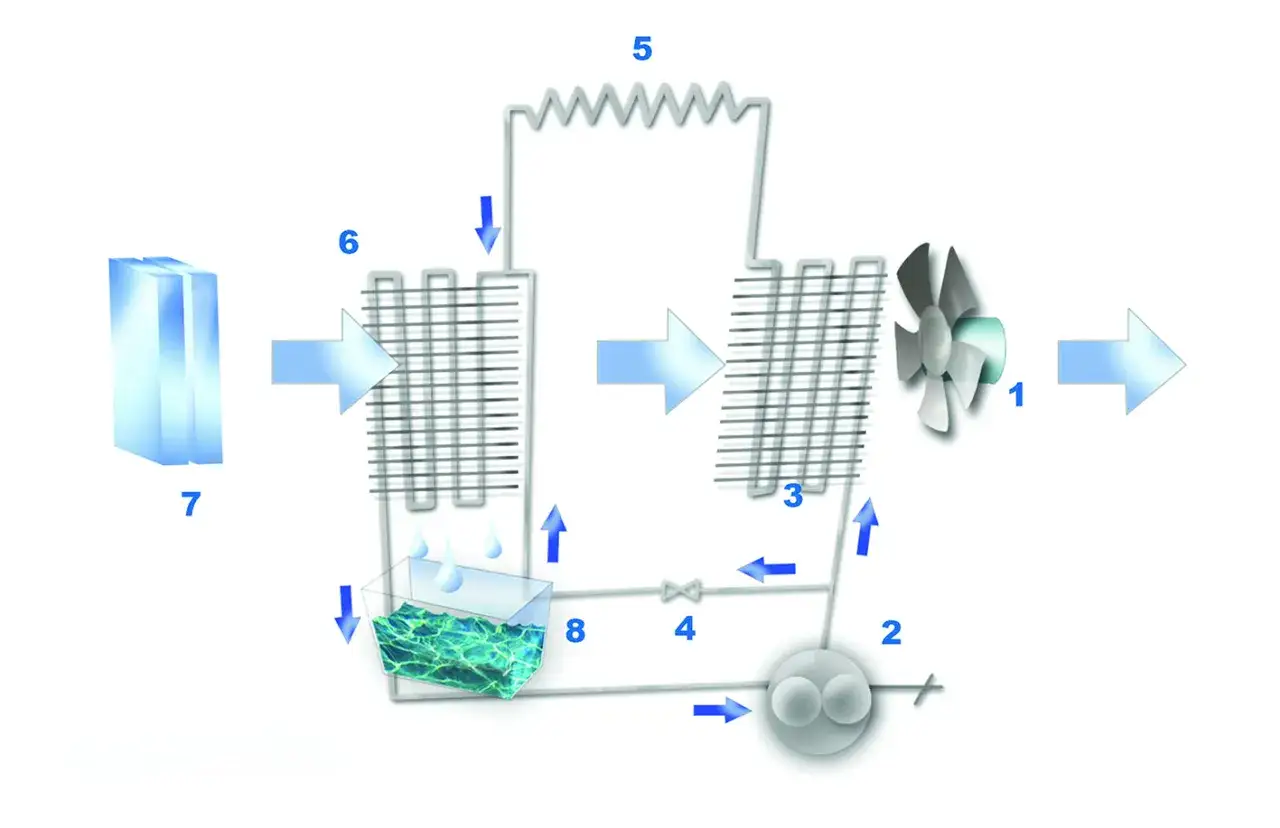 Schema di un deumidificatore: l'aria umida entra, si condensa in acqua (8), poi il deumidificatore fa aria calda (1).