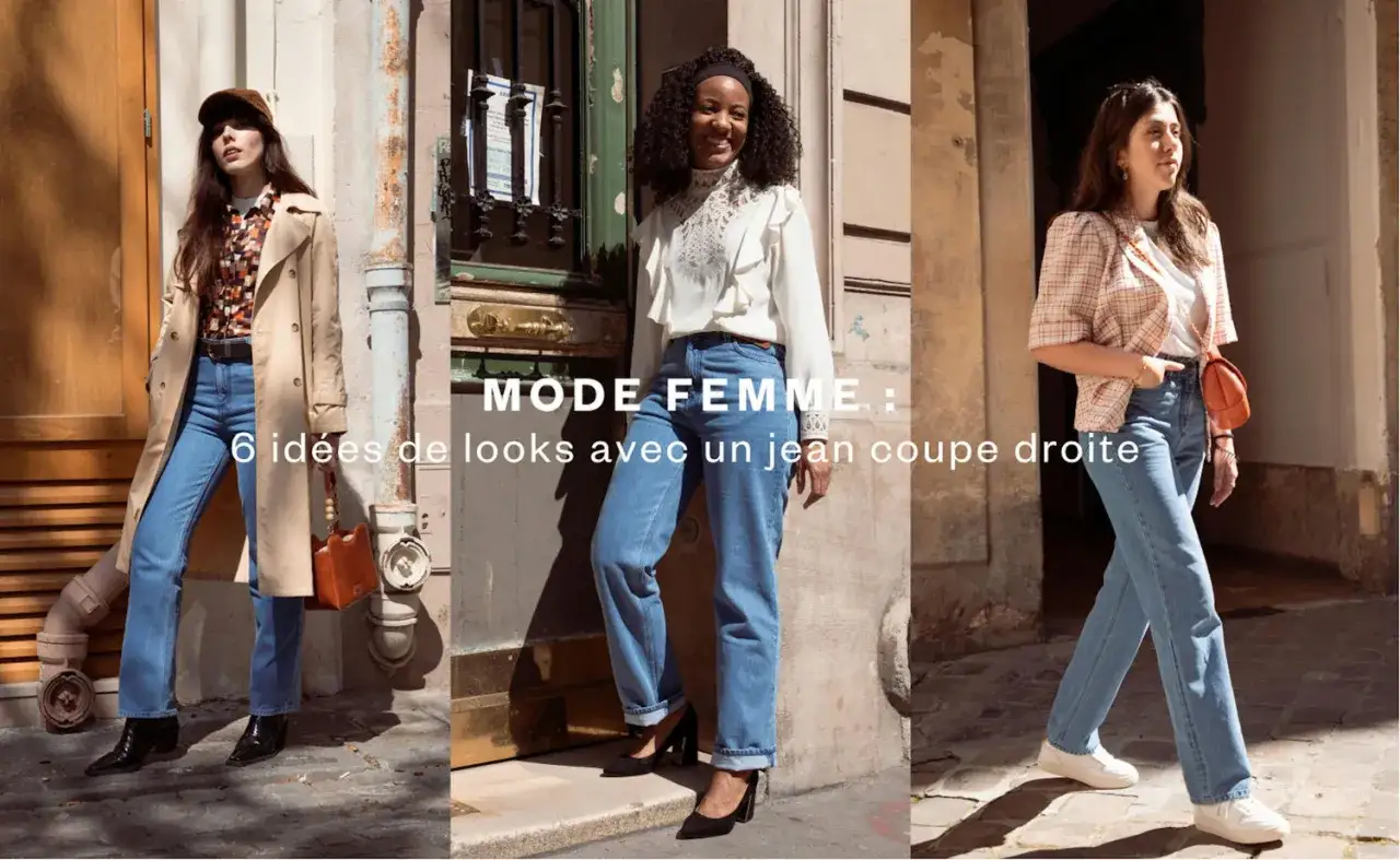 Trois femmes portent des jeans coupe droite, illustrant la d&eacute;finition du jean straight.