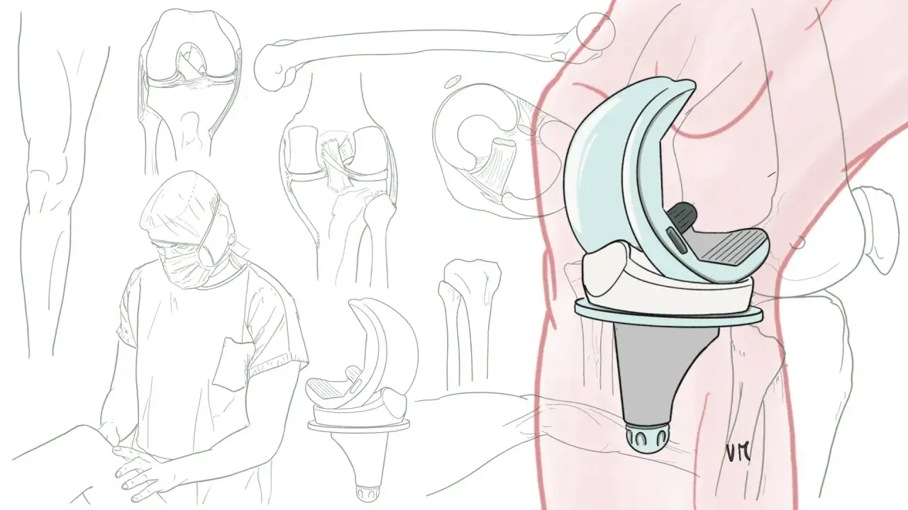 Ilustracja przedstawia schemat endoprotezy stawu kolanowego, pomagającej w leczeniu gonartrozy. Widoczny chirurg przygotowujący się do operacji.