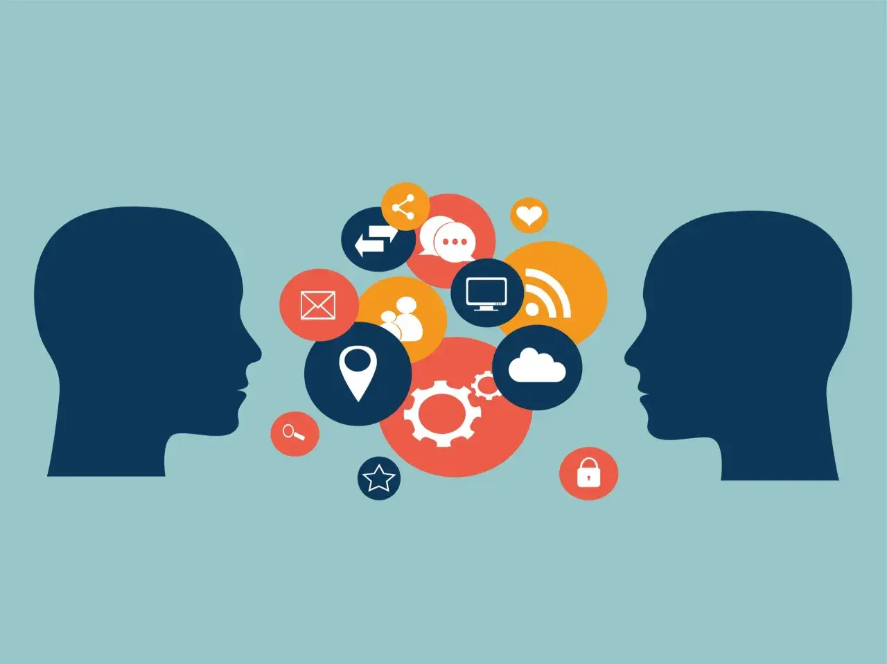 Twee profielen wisselen idee&euml;n uit, met iconen voor communicatie en technologie. Effectief omgaan met mensen is de sleutel tot succes.
