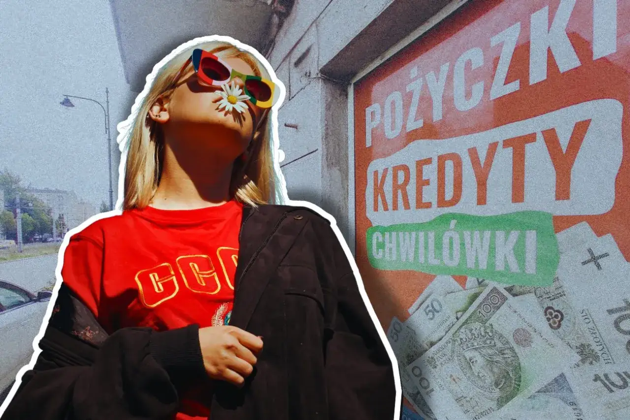 Młoda kobieta w okularach z kwiatkiem na nosie, obok reklama 