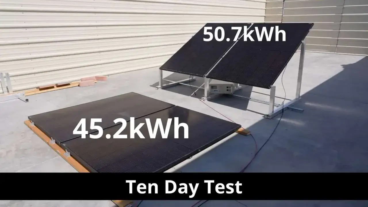 Deux panneaux solaires double face en test, produisant 45.2 kWh et 50.7 kWh sur dix jours.