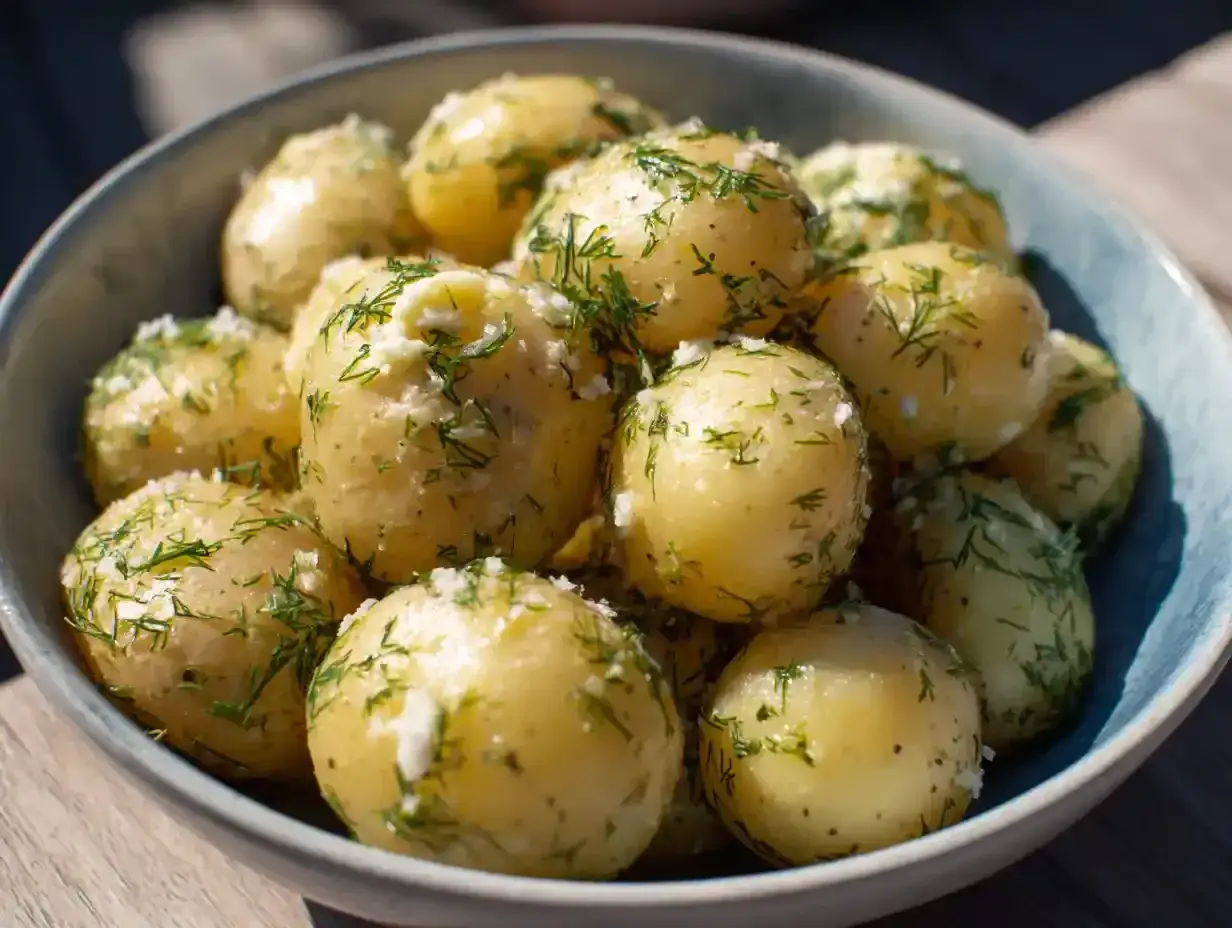 En sk&aring;l med varm potatissallad, toppad med f&auml;rsk dill och en kr&auml;mig dressing. Perfekt till midsommar!