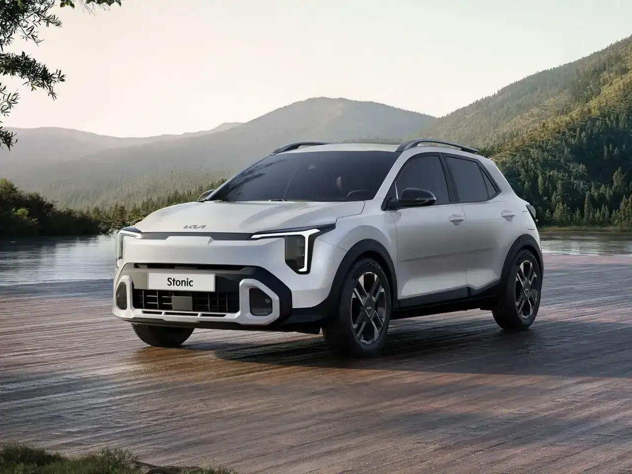 Nowy Kia Stonic na drewnianym tarasie nad jeziorem. Sprawdź atrakcyjną kia stonic cena!