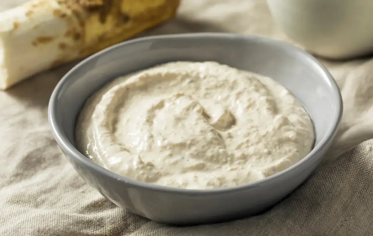 Cren, cos'è? Una ciotola di salsa cremosa a base di rafano, con una radice di rafano sullo sfondo.