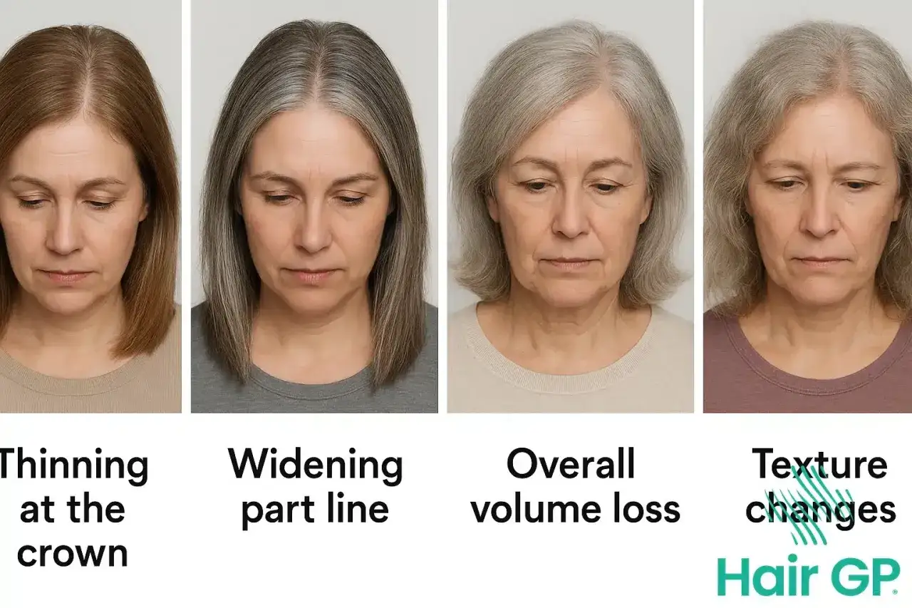 Frauen zeigen Haarausfall, d&uuml;nner werdendes Haar und Texturver&auml;nderungen, die mit den Wechseljahren einhergehen k&ouml;nnen.