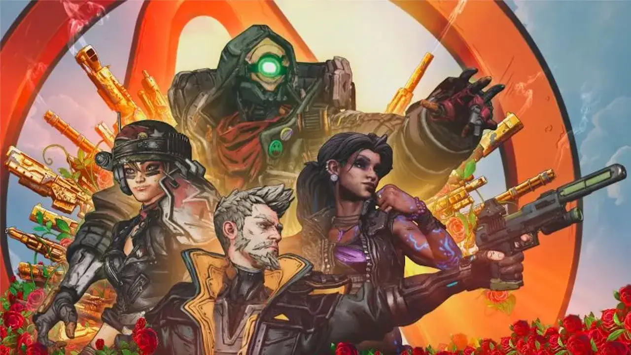 Zestawienie głównych **borderlands 3 postacie**: Amara, FL4K, Moze, Zane i Rhys, otoczeni przez broń i róże.