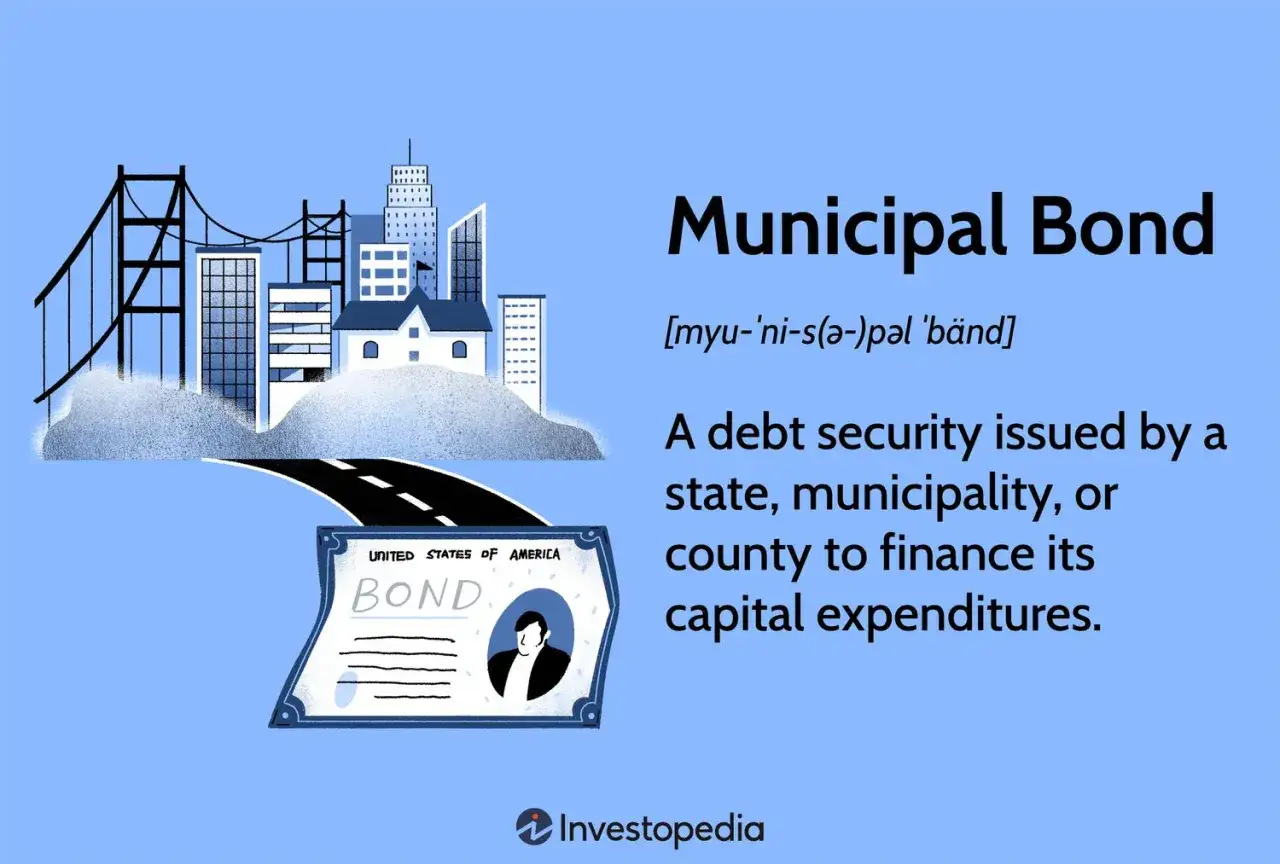 Illustration of a city skyline and a bond, defining what municipal bonds tax free means for financing public projects.