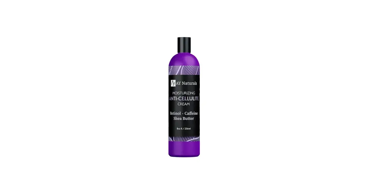 Fioletowa butelka z kremem na cellulit MAY Naturals, zawierającym retinol, kofeinę i masło shea.
